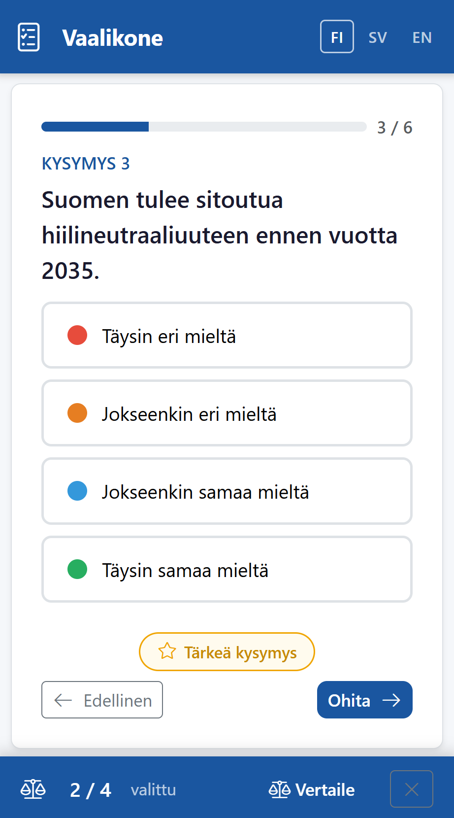 Esimerkki eVaali.fi-vaalikoneen kysymysnäkymästä mobiilissa